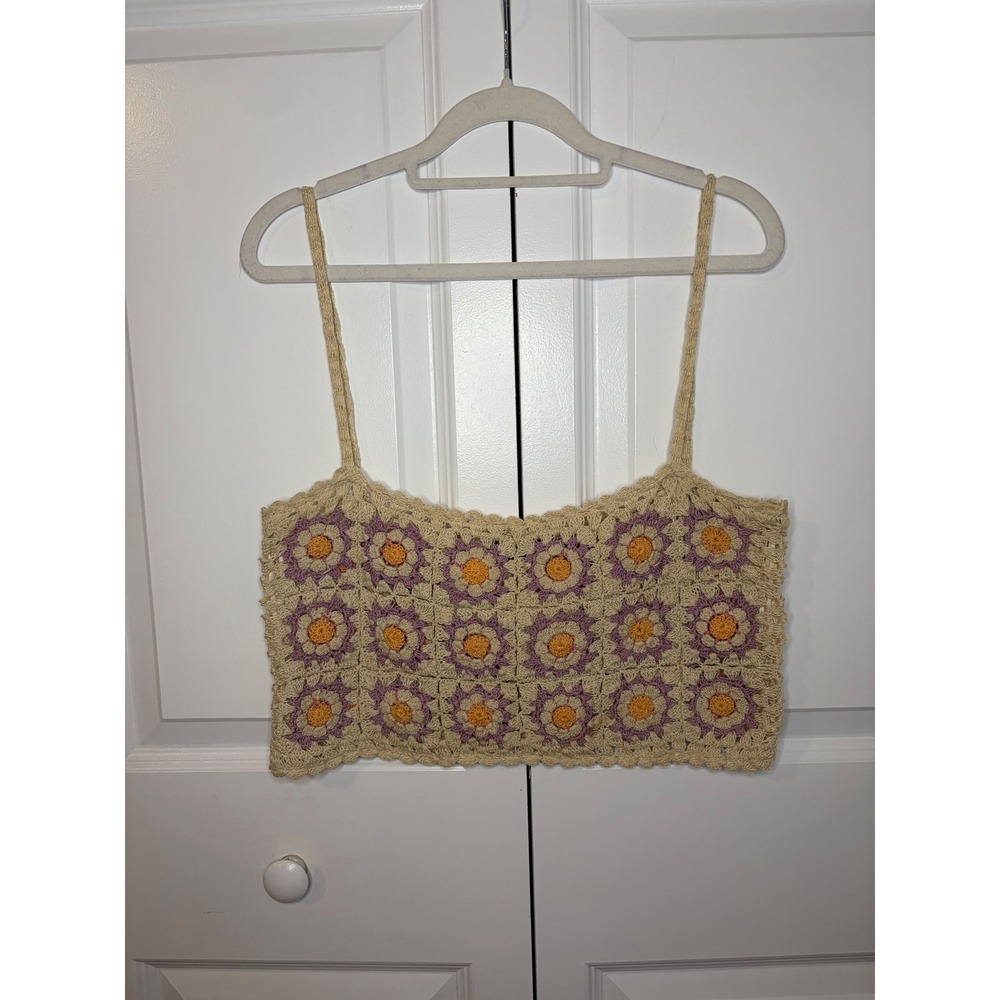 Zara Crochet Floral Granny Square Crop Top Beige Purple Orange XS S Camisole